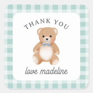 Teddybär-Bogen-Plüsch Gingham Blau Sage Baby Quadratischer Aufkleber