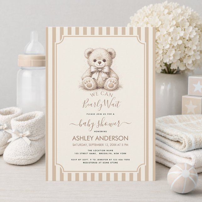 Teddybär & braune Streifen Baby Shower Kaum warten Einladung (Von Creator hochgeladen)