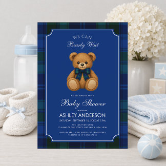 Teddybär-Elegant-Blaukariert-Jungen-Baby-Party Einladung