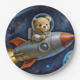 Teddybär fliegt in einem Raumschiff Pappteller