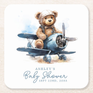Teddybär-Flugzeug-Aquarell-Junge-Baby-Party Rechteckiger Pappuntersetzer