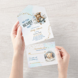 Teddybär-Flugzeug-Baby-Shower für Jungen All In One Einladung