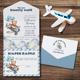 Teddybär-Flugzeug-Balloons Jungen-Baby-Party All In One Einladung