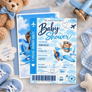 Teddybär-Flugzeug-Bordkarte-Junge-Baby-Party Einladung