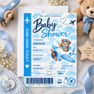 Teddybär-Flugzeug-Einsteigekarte-Junge-Baby-Party Einladung