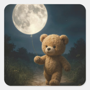 Teddybär geht mit einem Mondballon Quadratischer Aufkleber