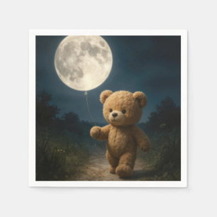 Teddybär geht mit einem Mondballon Serviette