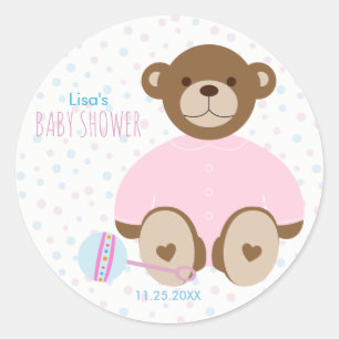 Teddybär gekleidet im rosa Babyparty-Aufkleber Runder Aufkleber