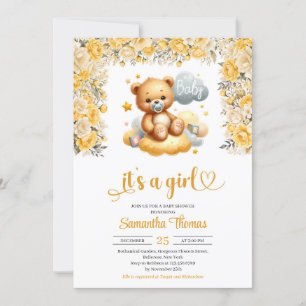Teddybär gelbe Blumen Mädchen Dusche Einladung