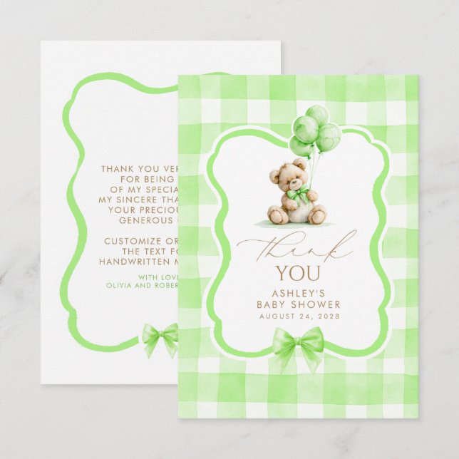 Teddybär Grün Gingham Niedlich Danke (Vorne/Hinten)