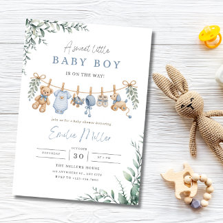 Teddybär Grünzeug Wäscheleine Baby Boy Shower Einladung