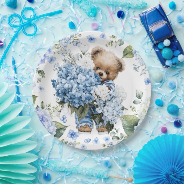 Teddybär hält Hortensienblumen Pappteller (Party)