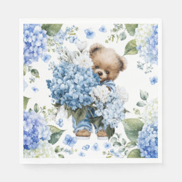 Teddybär hält Hortensienblumen Serviette