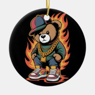 Teddybär im Hip-Hop-Stil mit Goldketten Keramik Ornament