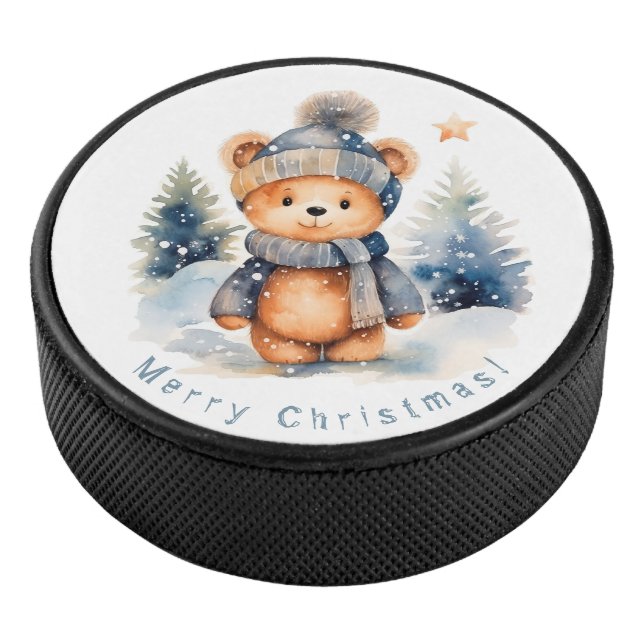 Teddybär im Wald, personalisiert Eishockey Puck (3/4)