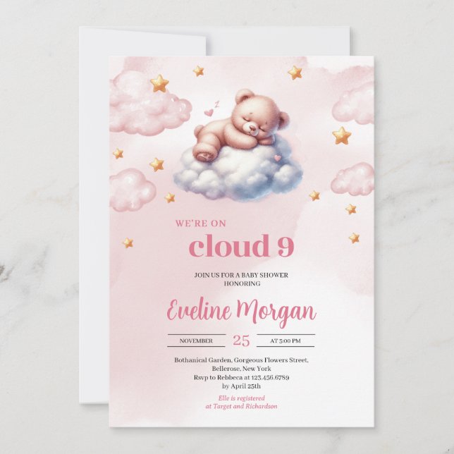 Teddybär in Aquarellfarbe Wolke neun Mädchen Babyd Einladung (Vorderseite)