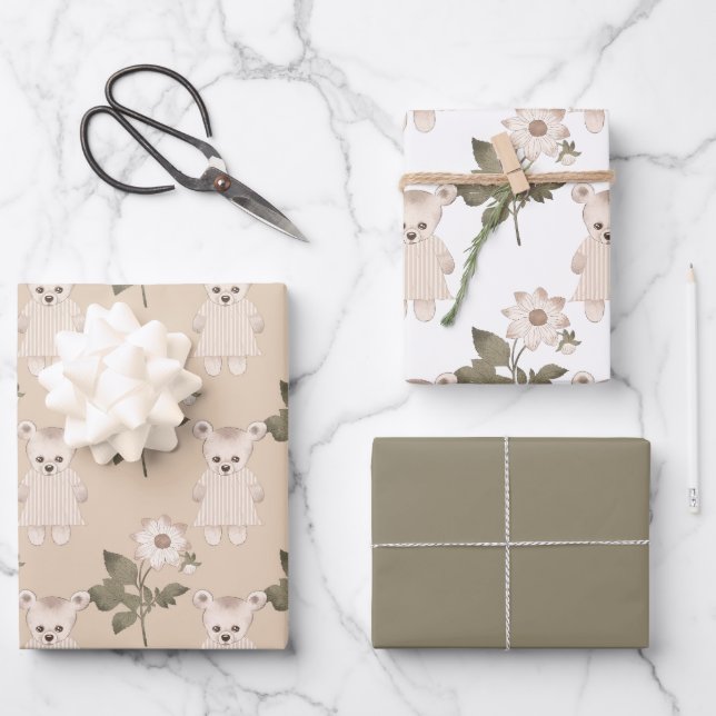 Teddybär in einem Kleid Geschenkpapier Set (Vorderseite)