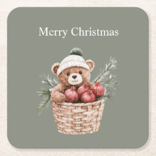 Teddybär Korb Granatäpfel Weihnachten Rechteckiger Pappuntersetzer