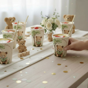 Teddybär liest Buch Wasserfarbe Babyparty Pappbecher