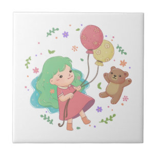 Teddybär & Mädchen Illustration Fliese