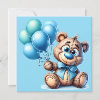 Teddybär mit blauem Luftballon Babyshower-Einladun Einladung