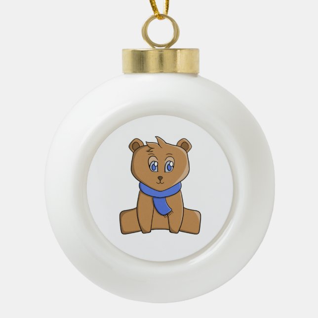 Teddybär mit blauem Schal Keramik Kugel-Ornament (Vorderseite)