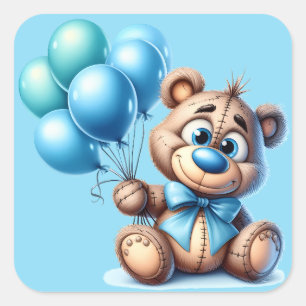 Teddybär mit blauen Ballons Baby Shower Quadratischer Aufkleber
