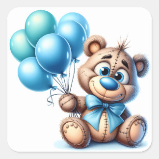 Teddybär mit blauen Ballons Baby Shower Quadratischer Aufkleber