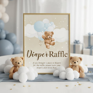 Teddybär mit blauen Ballons Windel-Raffle-Schild Fotodruck