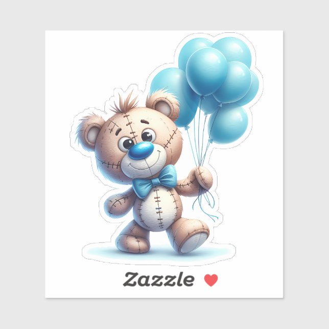 Teddybär mit blauen Luftballons Aufkleber (Blatt)