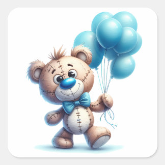 Teddybär mit blauen Luftballons Quadratischer Aufkleber