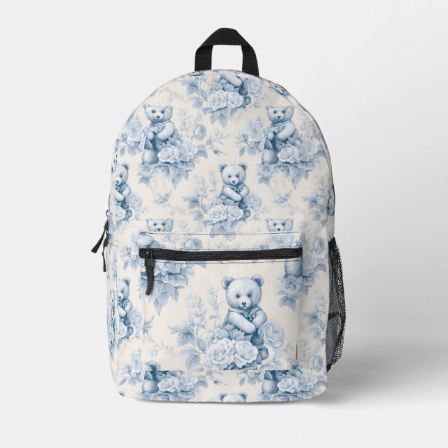 Teddybär mit blauen Rose Druckknopfbeutel Bedruckter Rucksack (Vorderseite)