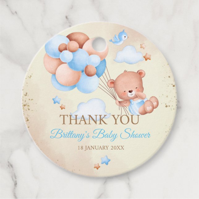 Teddybär mit braunen und blauen Ballons und Wolken Geschenkanhänger (Vorderseite)