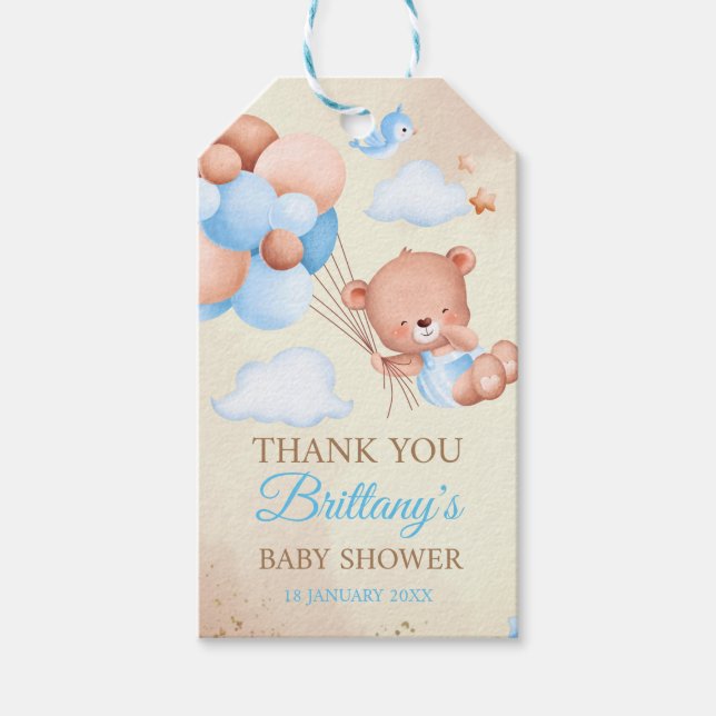 Teddybär mit braunen und blauen Ballons und Wolken Geschenkanhänger (Vorderseite)