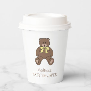 Teddybär mit gelber Schleife und Name Baby Shower Pappbecher