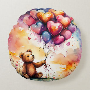 Teddybär mit herzerförmigen Ballons Rundes Kissen