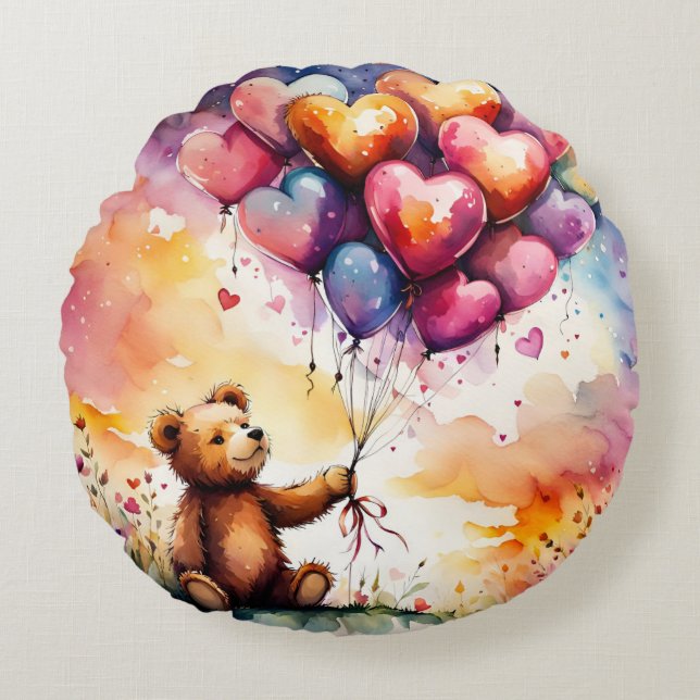 Teddybär mit herzerförmigen Ballons Rundes Kissen (Vorderseite)