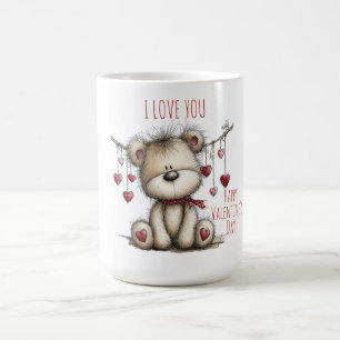 Teddybär mit Herzschal und hängenden Herzen Kaffeetasse