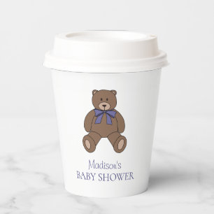 Teddybär mit lila Schleife und Name Baby Shower Pappbecher