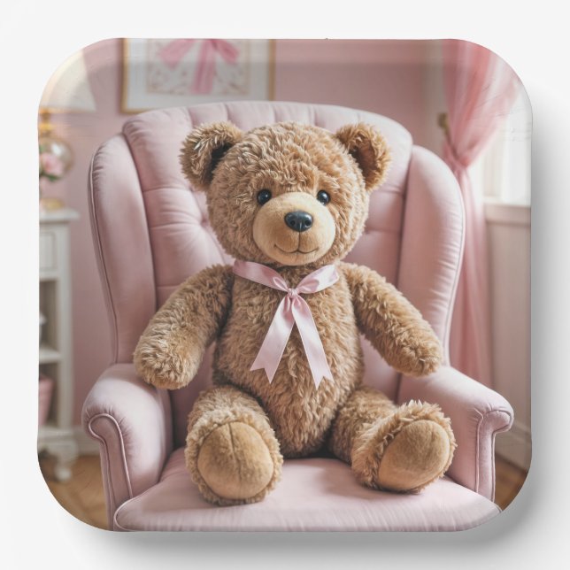 Teddybär mit rosa Bow Pappteller (Vorderseite)