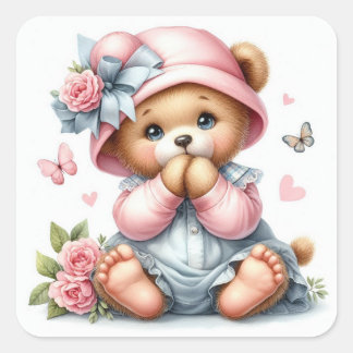 Teddybär mit rosa Hut und Bogen Quadratischer Aufkleber