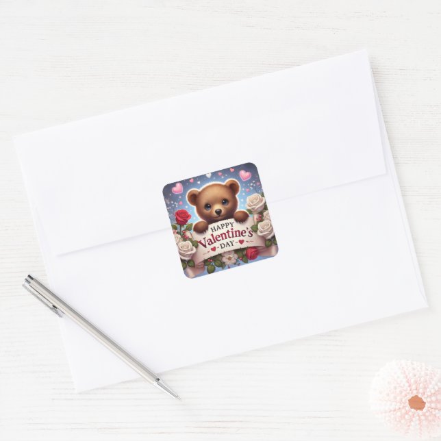 Teddybär mit Rose Quadratischer Aufkleber (Umschlag)