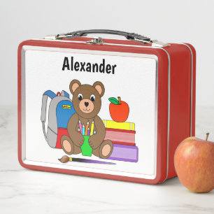 Teddybär mit Schulbedarf Metall Brotdose