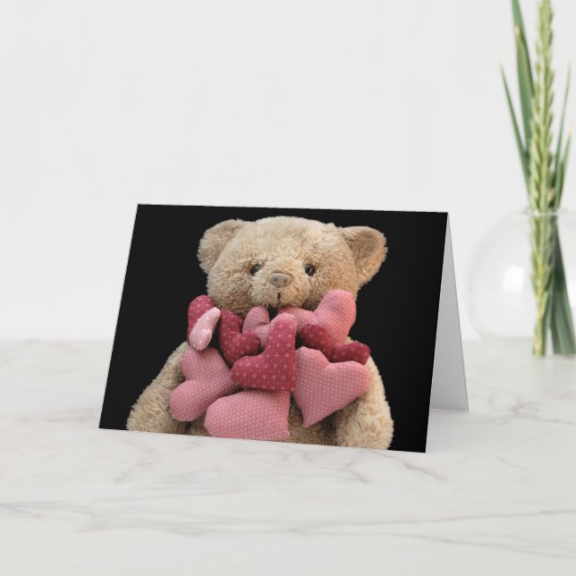 Teddybär mit Stoffherzen Grußkarte Karte (Vorderseite)