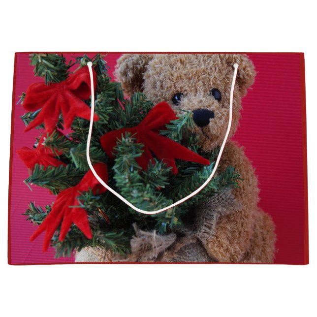 Teddybär mit Weihnachtsbaum Große Geschenktüte (Vorderseite)