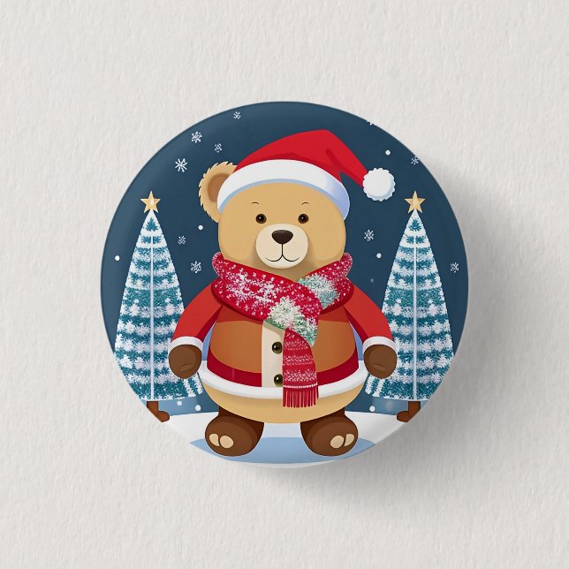 Teddybär mit Weihnachtsmannmütze Button (Vorderseite)