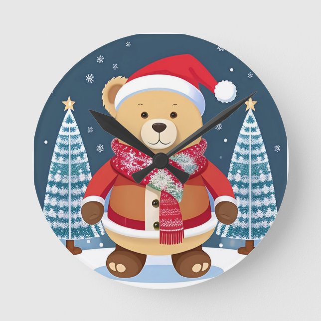 Teddybär mit Weihnachtsmannmütze Runde Wanduhr (Vorderseite)