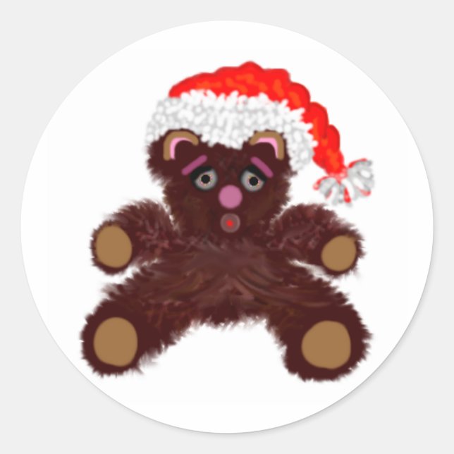 Teddybär mit Weihnachtsmannmütze Runder Aufkleber (Vorderseite)