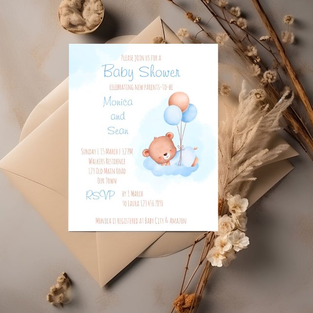 Teddybär Pastell mit Ballons für Kinder (Teddy bear themed bearly wait baby shower editable template invitation cute teddy with balloons boy)