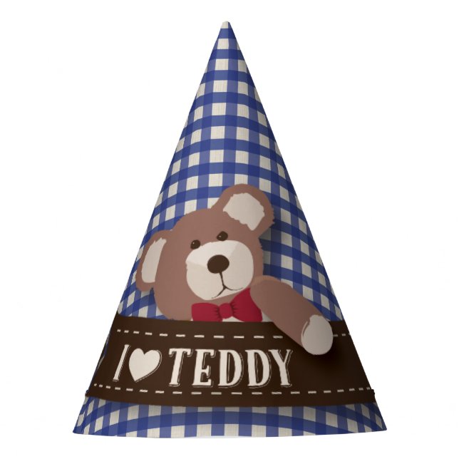 Teddybär-Picknick-Geburtstag - blauer Gingham Partyhütchen (Vorderseite)